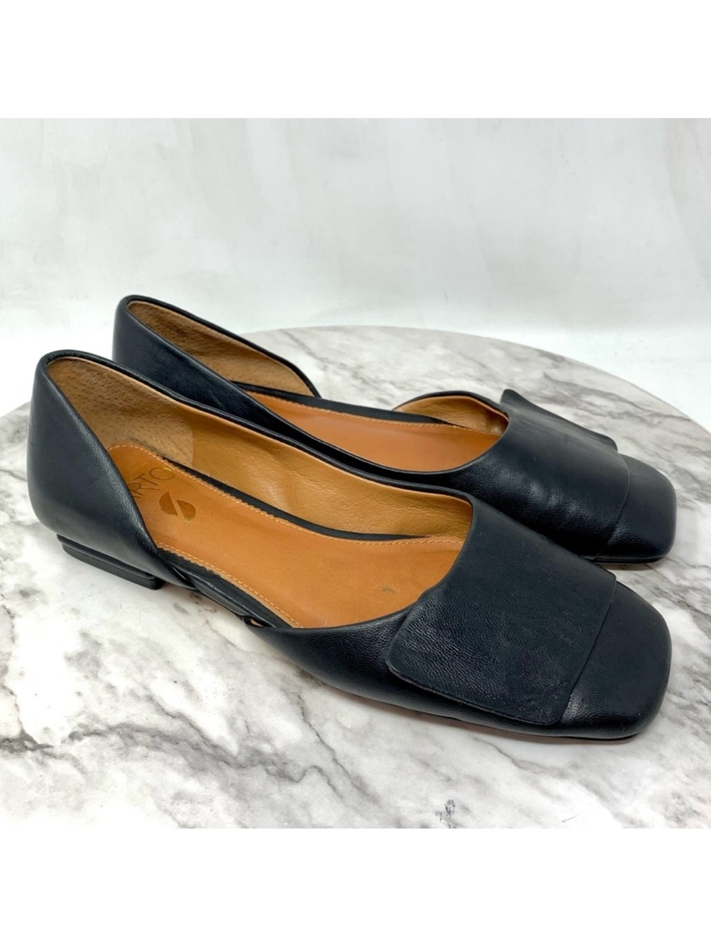Anthropologie Sarto Tracy Square Toe D'Orsay Black Leather Flats 5 Minimalist